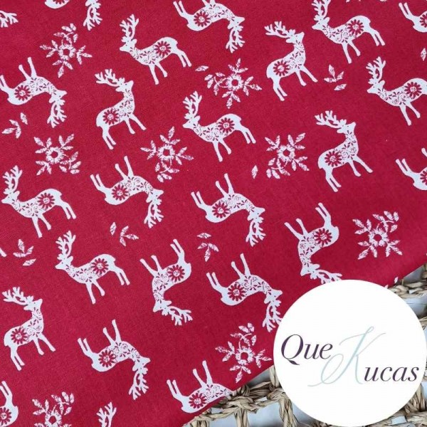 POPELÍN CHRISTMAS NORDIC DEER RED